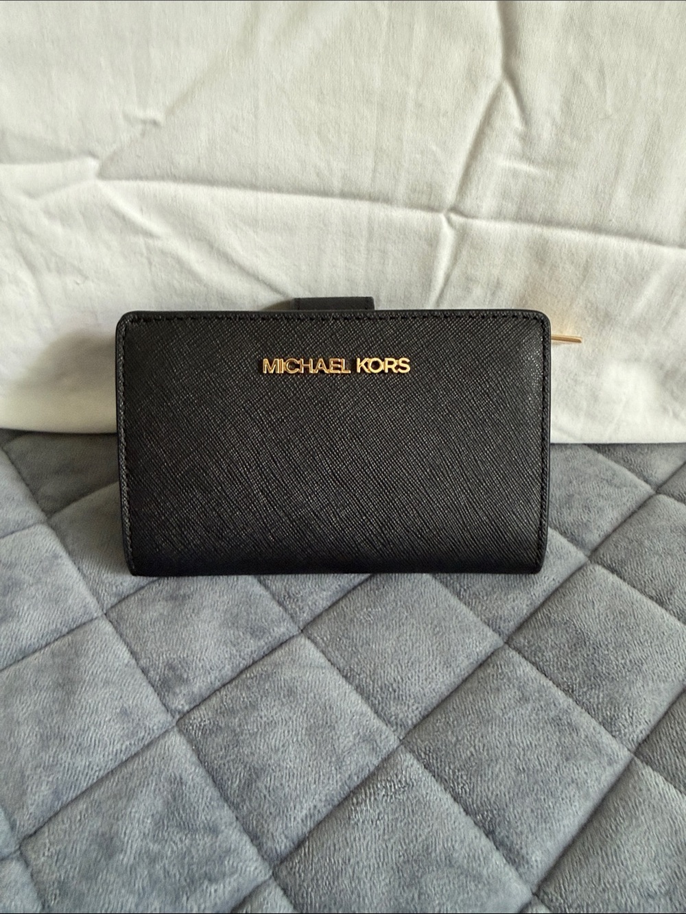 Michael Kors Black Leather Bifold Wallet with Gold Logo